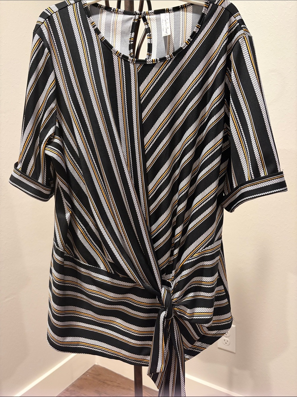 PerSeption Concept Black, White & Gold Striped Tie-Back Top